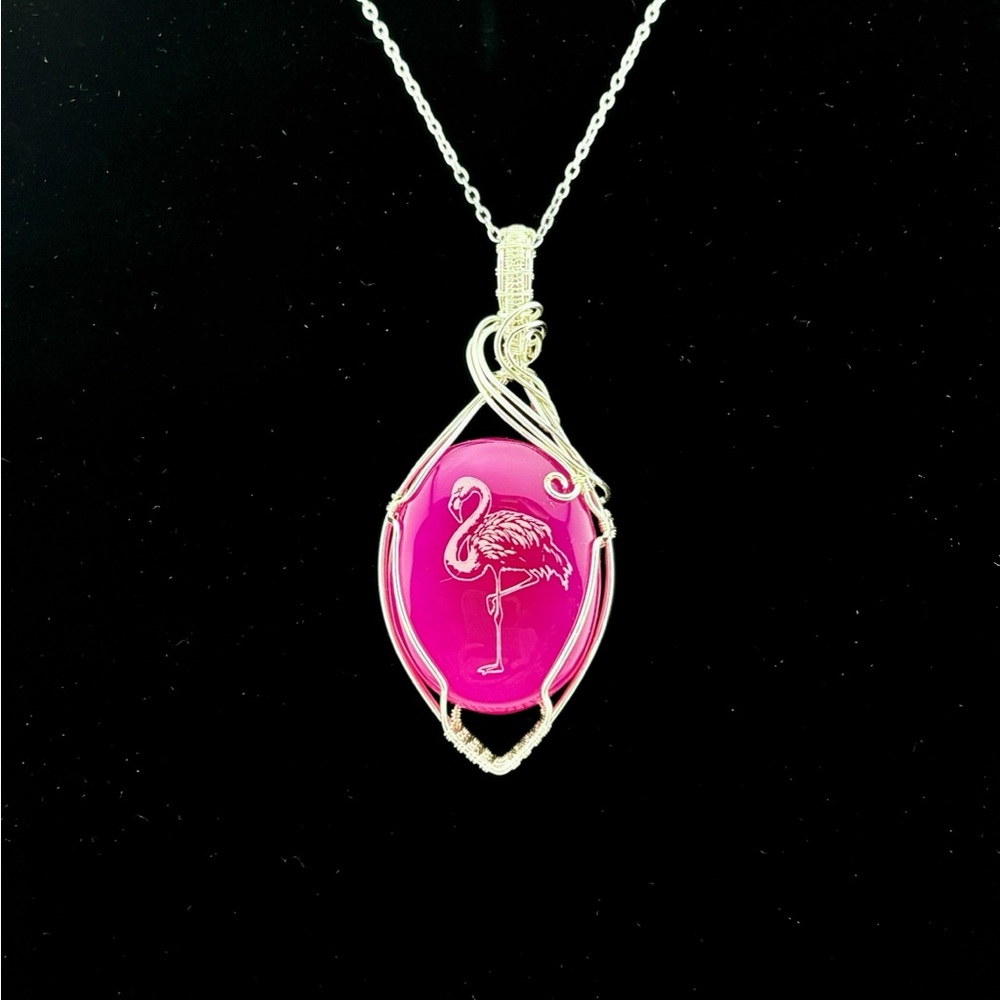 HAND CRAFTED Flamingo Etched Pink Onyx Silver Plate Wire Wrap Pendant Necklace